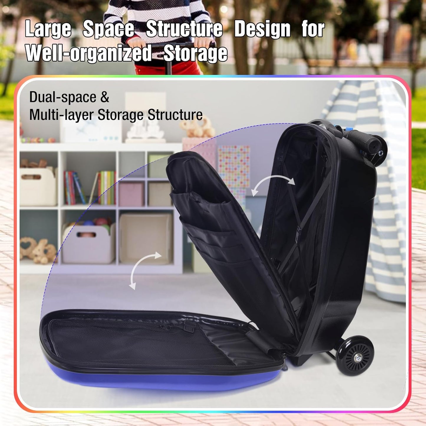 20" Scooter Suitcase for Kids, 2-in-1 Ride On Luggage with Wheels for Boys & Girls Ages 4-15, Foldable Hardshell Carry On Lightweight Travel Suitcase for Airplane (With LED, Dark Blue)