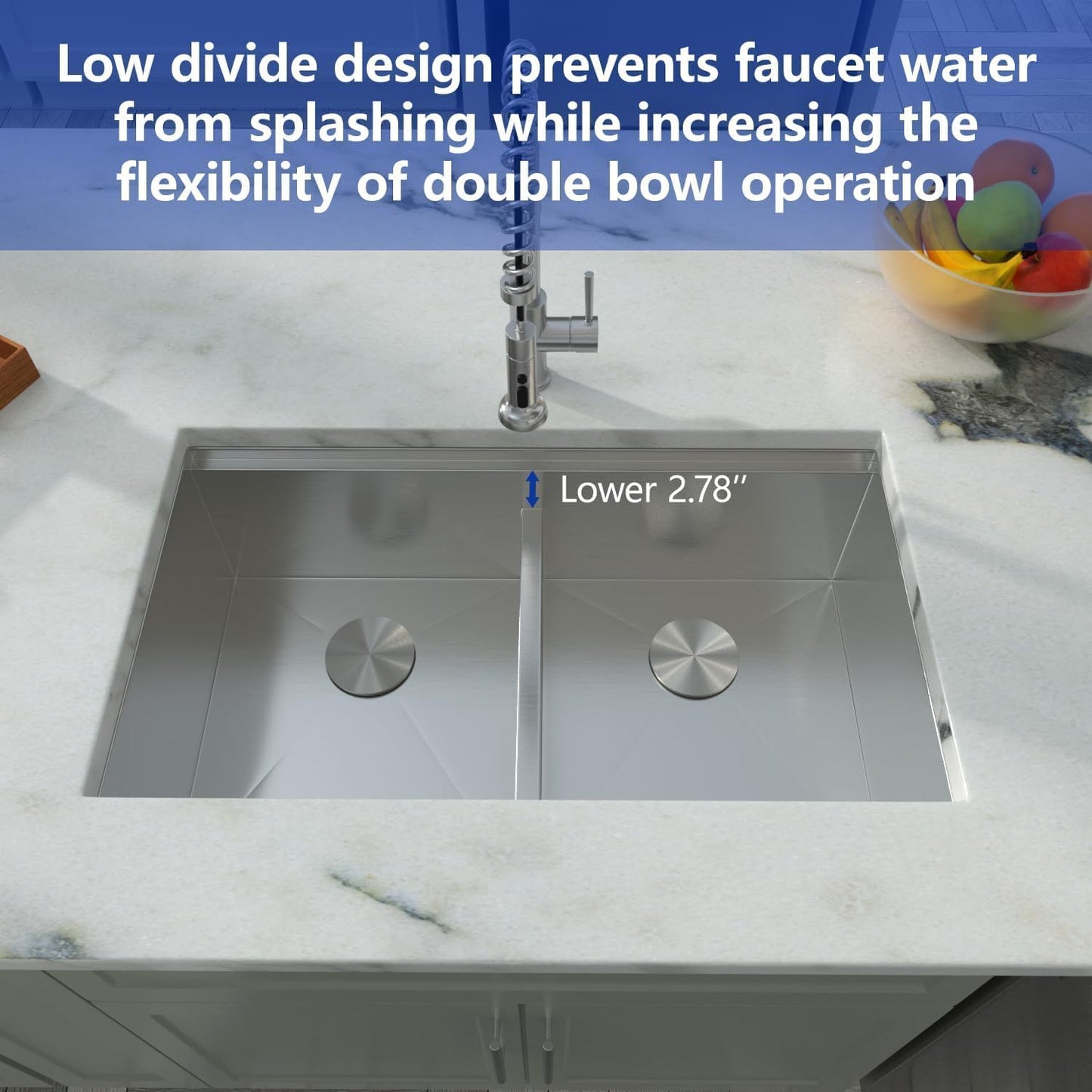 Dcolora 33 In. Double Bowl Kitchen Sink Undermount Sink Workstation Stainless Steel 50/50 Split Low Divided 16 Gauge Under Counter Basin, 33"x19"x10",DC-U-1111