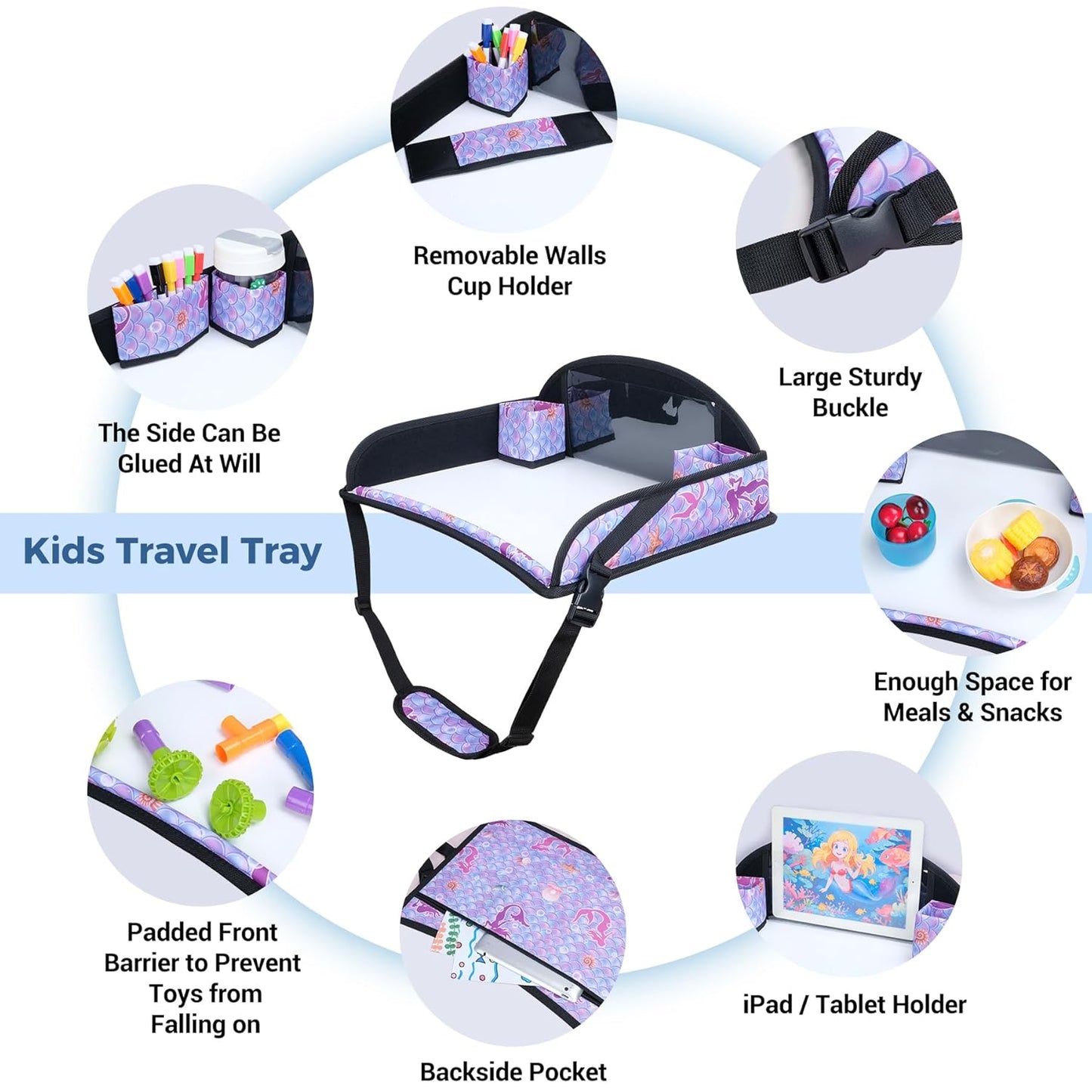 COOLBEBE Kids Travel Tray for Toddler Car Seat, Travel Tray for Airplane, Toddler Car Seat Lap Tray, Carseat Table Tray for Kids Travel Activities (Mermaid