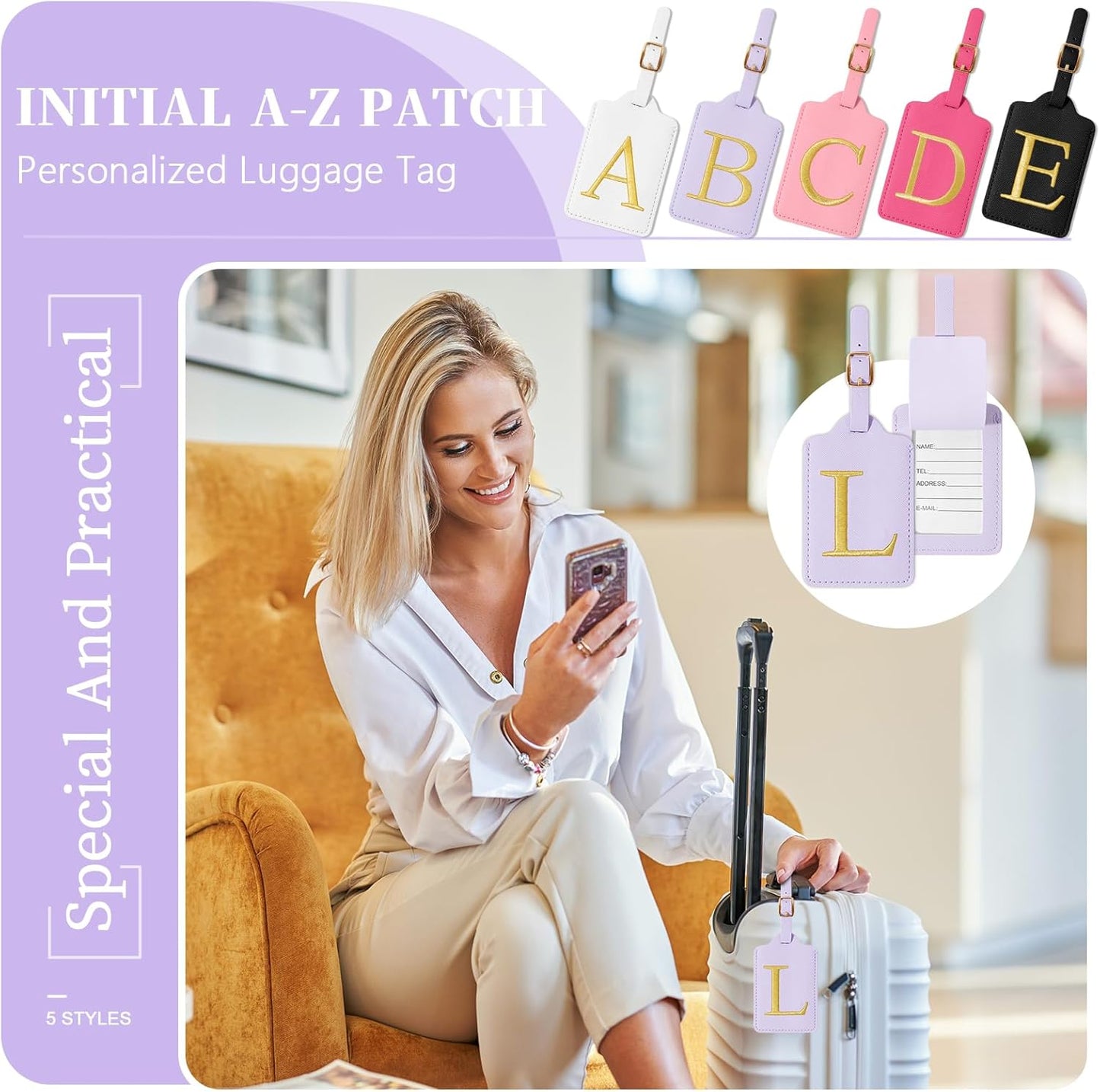 Personalized Initial Luggage Tags for Suitcase, Purple Leather Cute Luggage Tags with Privacy Cover Name Card, Embroidered Custom Monogrammed Luggage Tag Travel Backpack Tags Gifts for Women Kids(L)