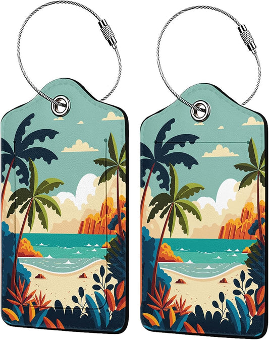 Cartoon Summer Beach 2 Pcs Luggage Tags,Privacy Cover ID Label with Stainless Steel Loop and Address Card for Travel Bag Suitcase