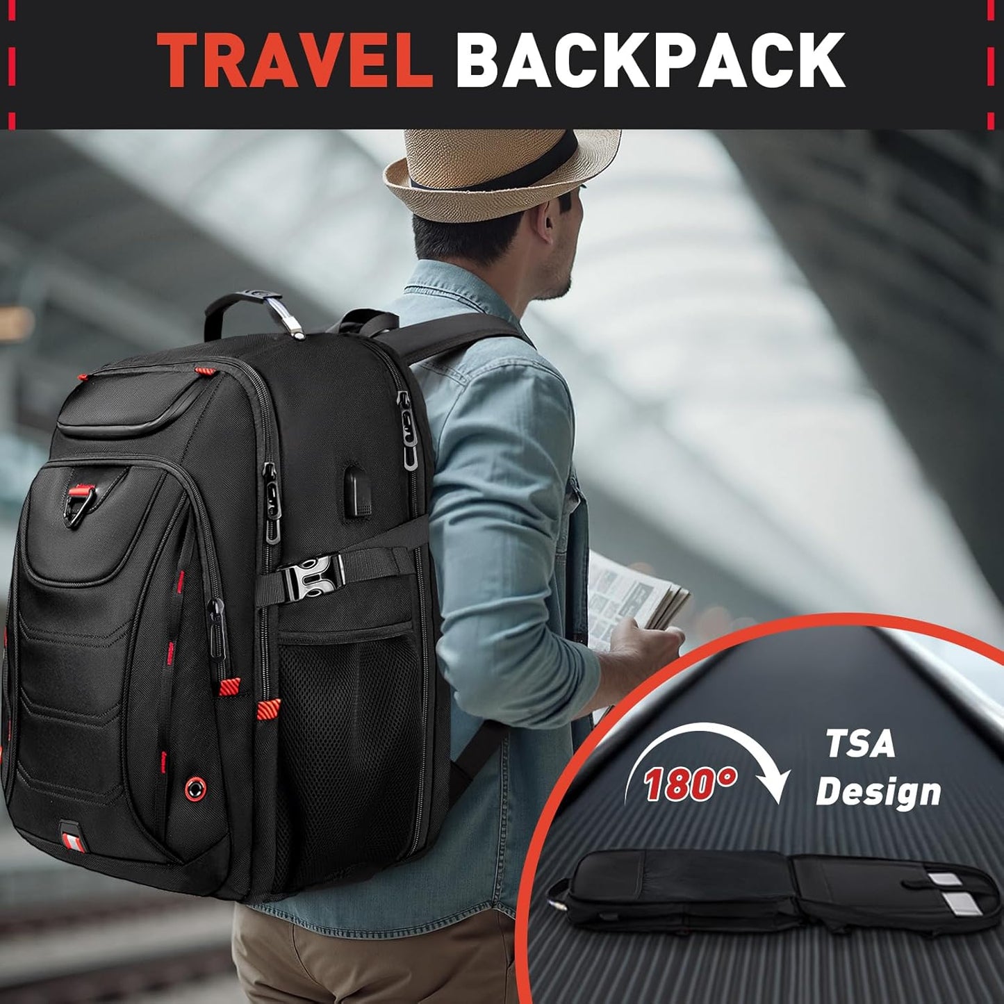 Z-MGKISS 55L Extra Large Travel Backpack, 18.4 Inch Laptop Backpack for Men, Water Resistant, TSA Flight Approved, Business Work Bag with USB Charging Port, Black