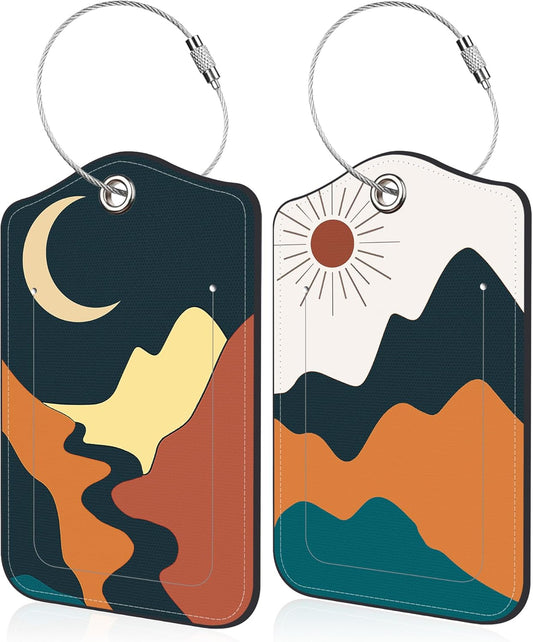 Luggage Tags for Suitcase Mountains Lake Sun Moon 2 PCS Leather Travel Luggage Tag with Stainless Steel Loop Name ID Label Privacy Cover for Women Men Travel