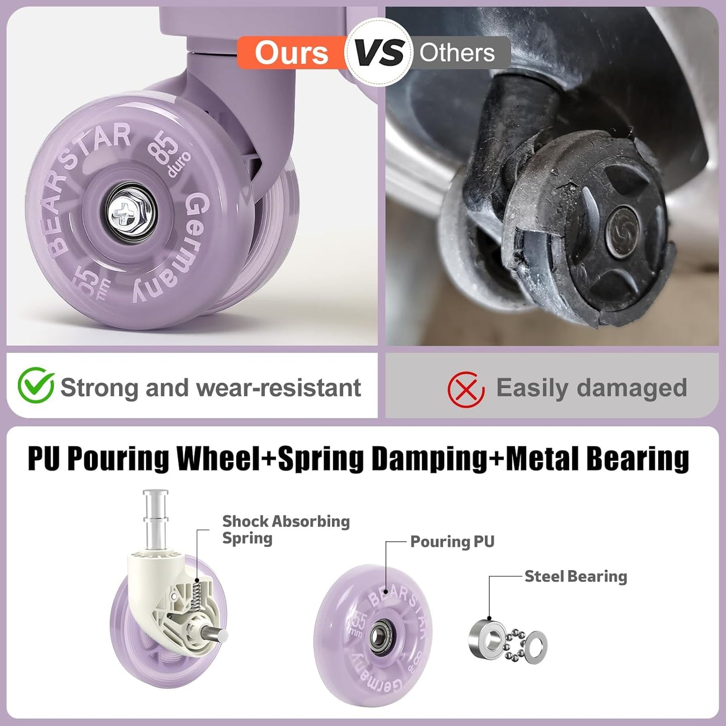 Aluminium Frame Checked-Luggage with Smooth Jelly Wheels, Hardside Zipperless Rolling Suitcase with TSA Lock (Purple, 24-Inch)