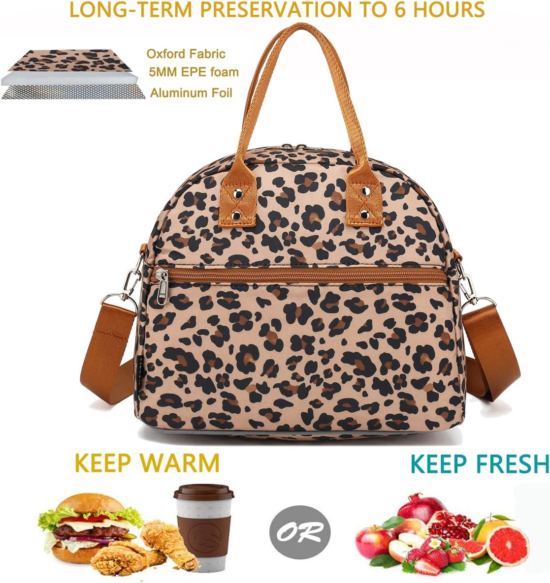 FlowFly Insulated Lunch Bag With Shoulder Strap for Women, Men, and Kids, Large and Reusable, Handle, Freezable Work and School Travel Tote and Meal Prep Organizer,Leapard