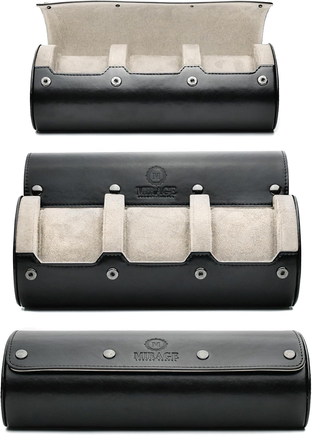 Watch Roll Cases for Men - Watch Travel Case - Storage and Display 3 slots - Jade Black/Ivory White interior Vegan Leather