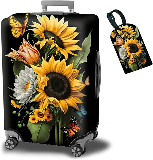Suitcase Protector Plus 1 Luggage Tag, Sunflower Orchids Travel Suitcase Cover for 22-24 inch Luggage (M) with Concealed Zipper, Washable Elastic Cloth, Dustproof, Anti-Scratch