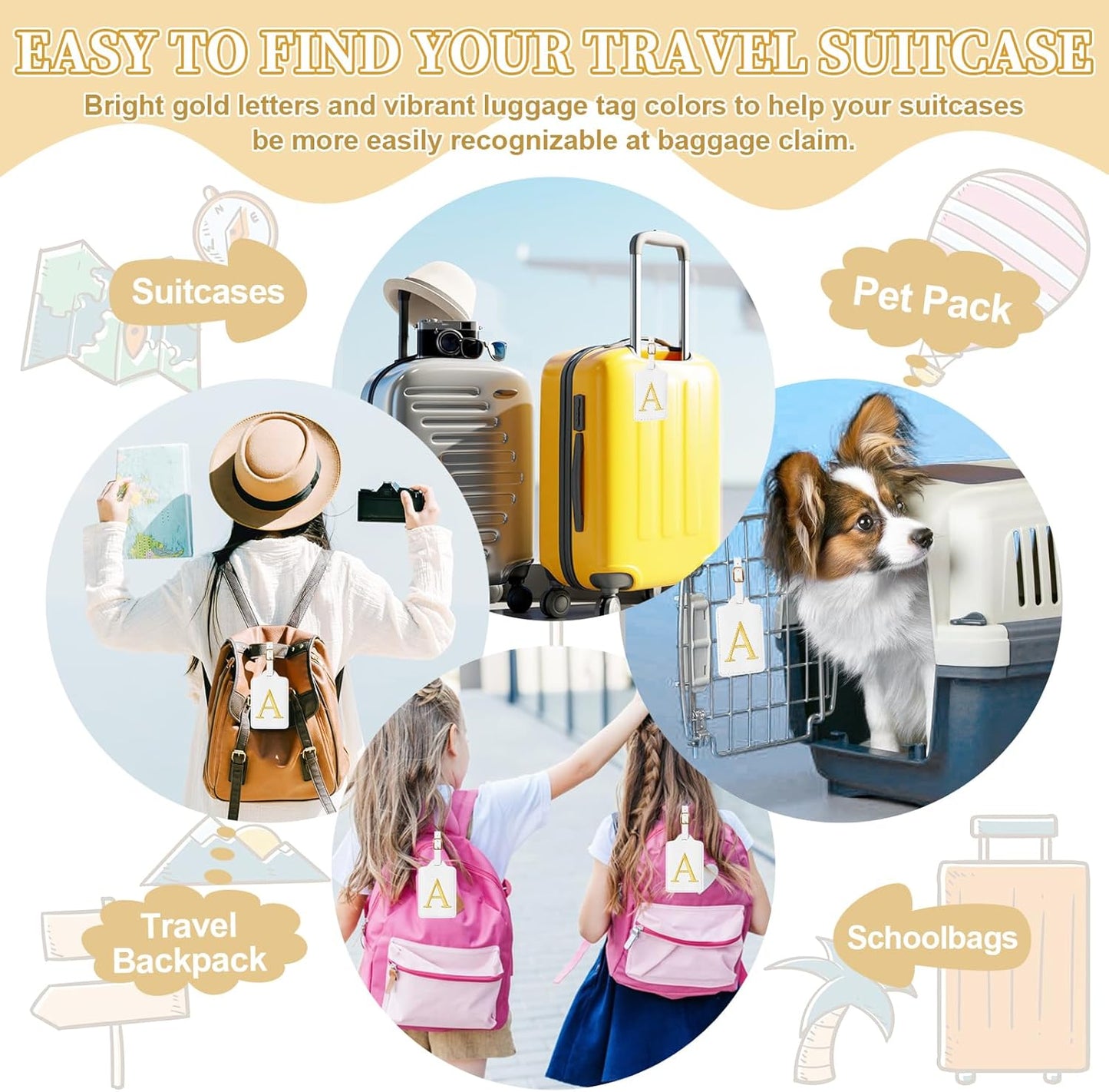 Personalized Initial Luggage Tags for Suitcase TSA Approved, White Leather Cute Luggage Tag with Privacy Cover Name Card, Embroidered Custom Luggage Tags Travel Baggage Tags Gifts for Women Kids(A)