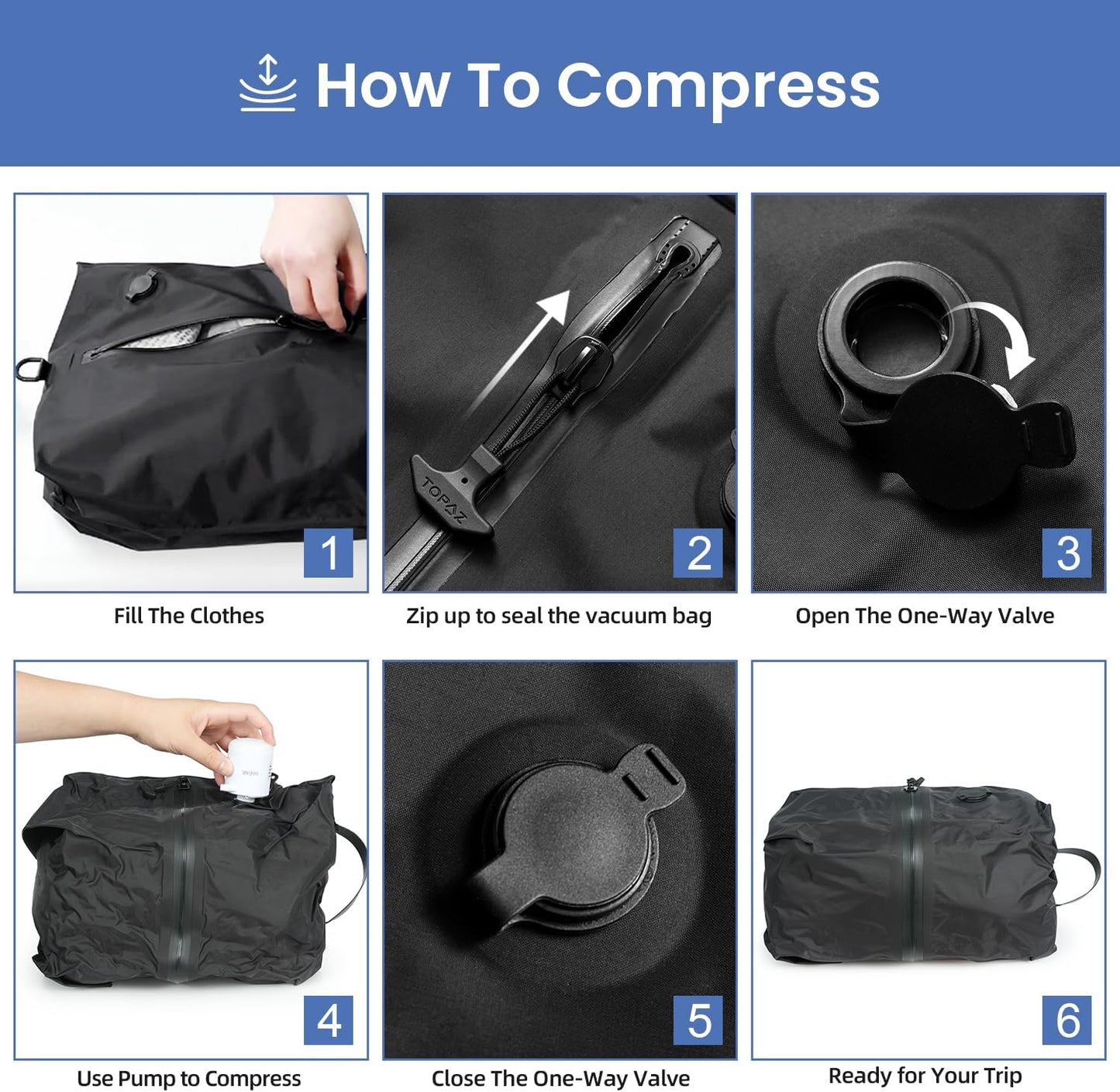 BAGAIL TPU Vacuum Bag for Travel, Reusable Compression Bag with IPX8 Waterproof Zipper, Save Space for Suitcase, Backpack and Carry on (Black, Large, With Pump)