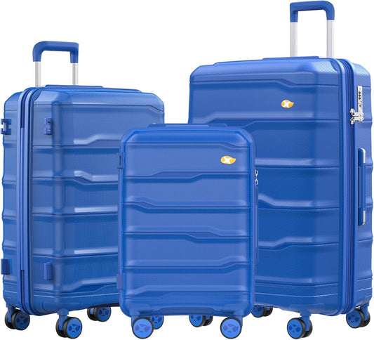 Luggage Sets 3 Piece, Hard Shell Luggage Sets with Spinner Wheels, PP Lightweight & Durable Suitcases with TSA Lock, Hardside Travel Suitcase Sets (20/24/28 inch), Blue