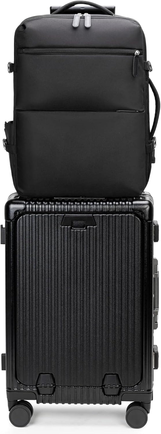 feilario 2 Piece Set 20in Aluminium Frame PC Hard Shell Spinner Wheels Luggage, Built-In TSA lock Carry on Suitcase, with Cup Holder, USB Port, Phone Holder