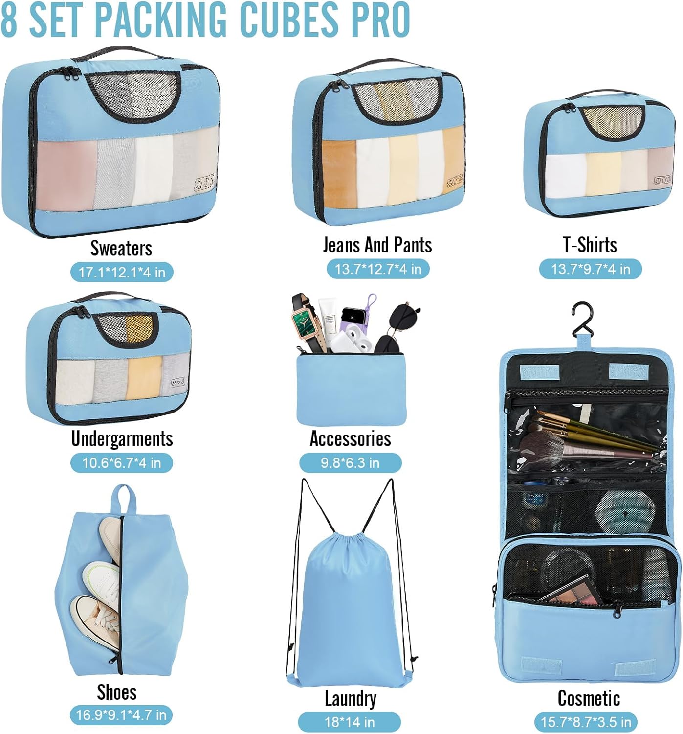 Veken 8 Set Packing Cubes for Travel Essentials, Suitcase Organizer Bags in 4 Sizes, Carry-On Luggage Accessories with Large Laundry & Hanging Toiletry Bag, Must-Have for Airplane, Road Trip & Camping