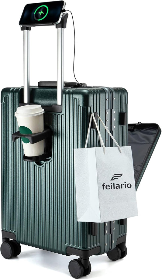 feilario 20in Aluminium Frame PC Hard Shell Spinner Wheels Luggage, Built-In TSA lock Carry on Suitcase, with Cup Holder, USB Port, Phone Holder
