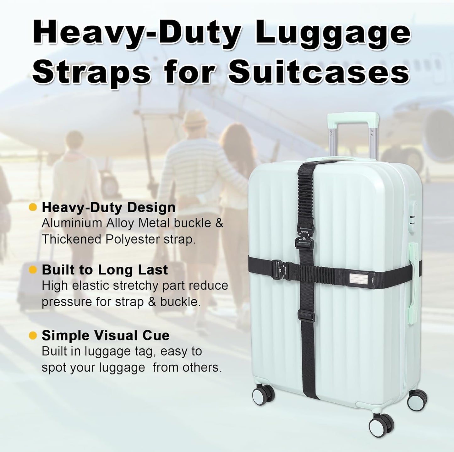 Vigorport Luggage Straps for Suitcases TSA Approved Suitcase Belt, Heavy Duty Metal Buckle Luggage Belt Strap, Stretchable Travel Strap for Luggage 72" Long (2PK)
