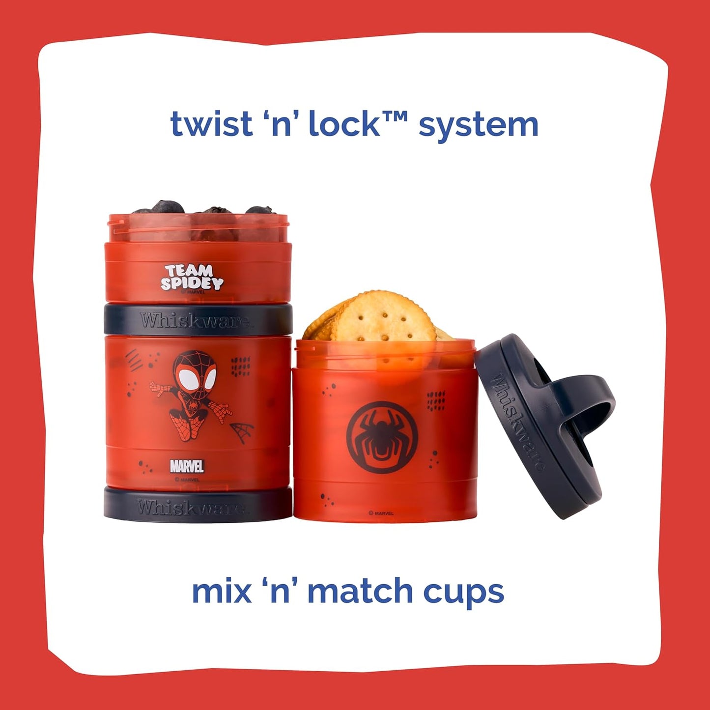 Whiskware Spider-Man Team Spidey Stackable Snack Containers for Babies, Kids, and Toddlers, 3 Stackable Snack Cups for School or Travel, Cupholder Friendly, Miles Morales