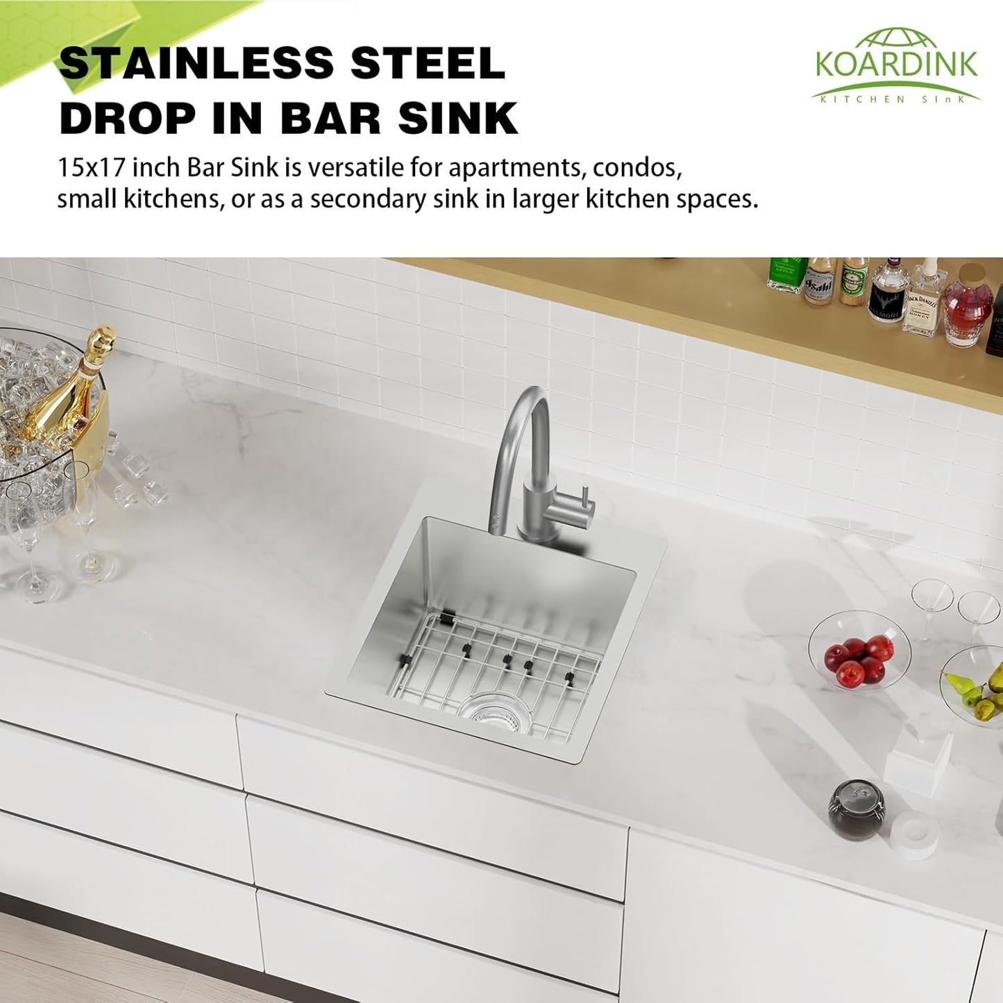 Kitchen And Bar Sink, 15x17 Inch Stainless Steel Drop In Kitchen Sink Modern Single Bowl Topmount Bar Sink Combo-SS Grid,Silicon Mat,Drain Strainer Set Compatibility With Various Kitchen & Bar Style