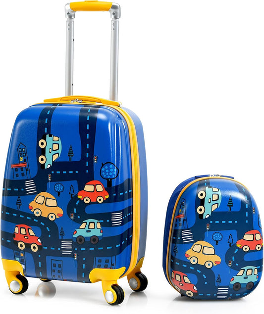HONEY JOY Kids Luggage, 12" Toddler Backpack & 18" Travel Suitcase with Wheels, Lightweight Toddler Suitcase, Durable ABS Hardshell, 2Pcs Carry On Luggage Set for Boys Girls (Car)