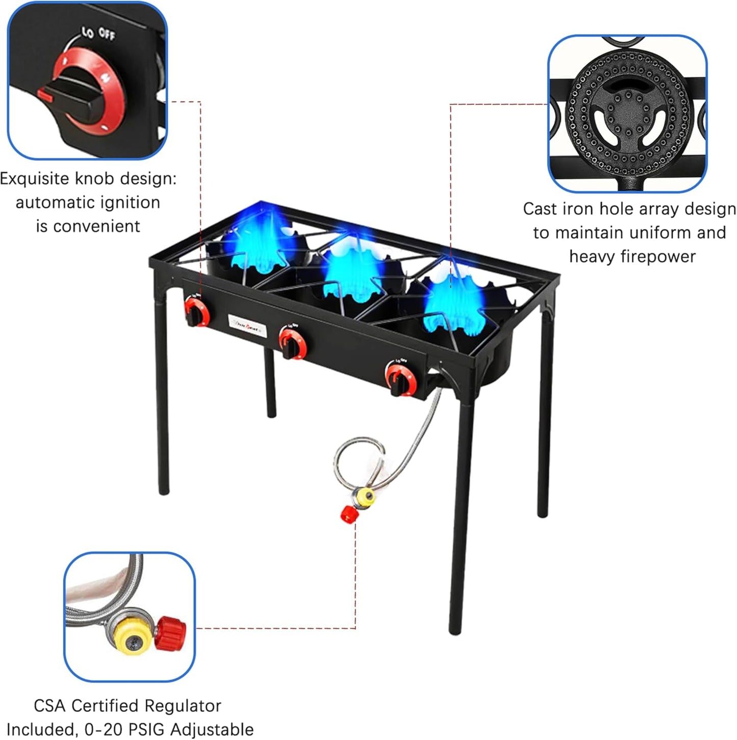 Vivicreate 3 Burner High pressure Propane Stove, 28 Inch Tall Camping Stove with cast iron burner 105000 BTU power, Stable Legs for Outdoor Use