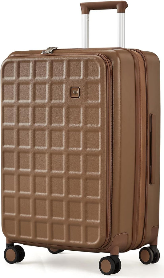 aji Expandable Top Opening 26 Inch Checked Luggage with Spinner Wheels, Large Suitcase with TSA Lock, Hard Shell Travel luggage Suitcases for Men Women, for 20+Days Travel, Chocolate Brown
