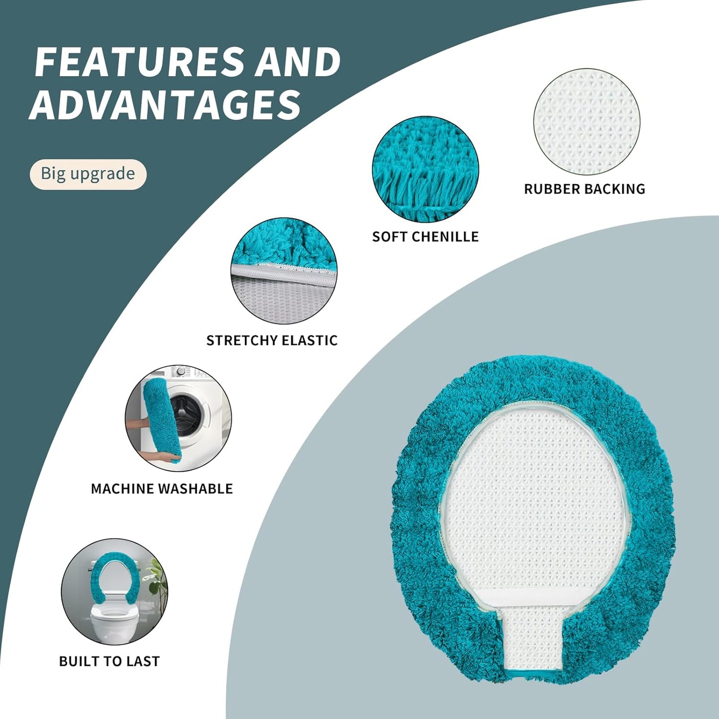 Microfiber Elongated Toilet Seat Cover 19.5"x 15" Machine Washable Solid Toilet Lid Cover Adjustable Rubber Backing Fits Most 18-19.5" L x 14-16" W Elongated Toilet Seat