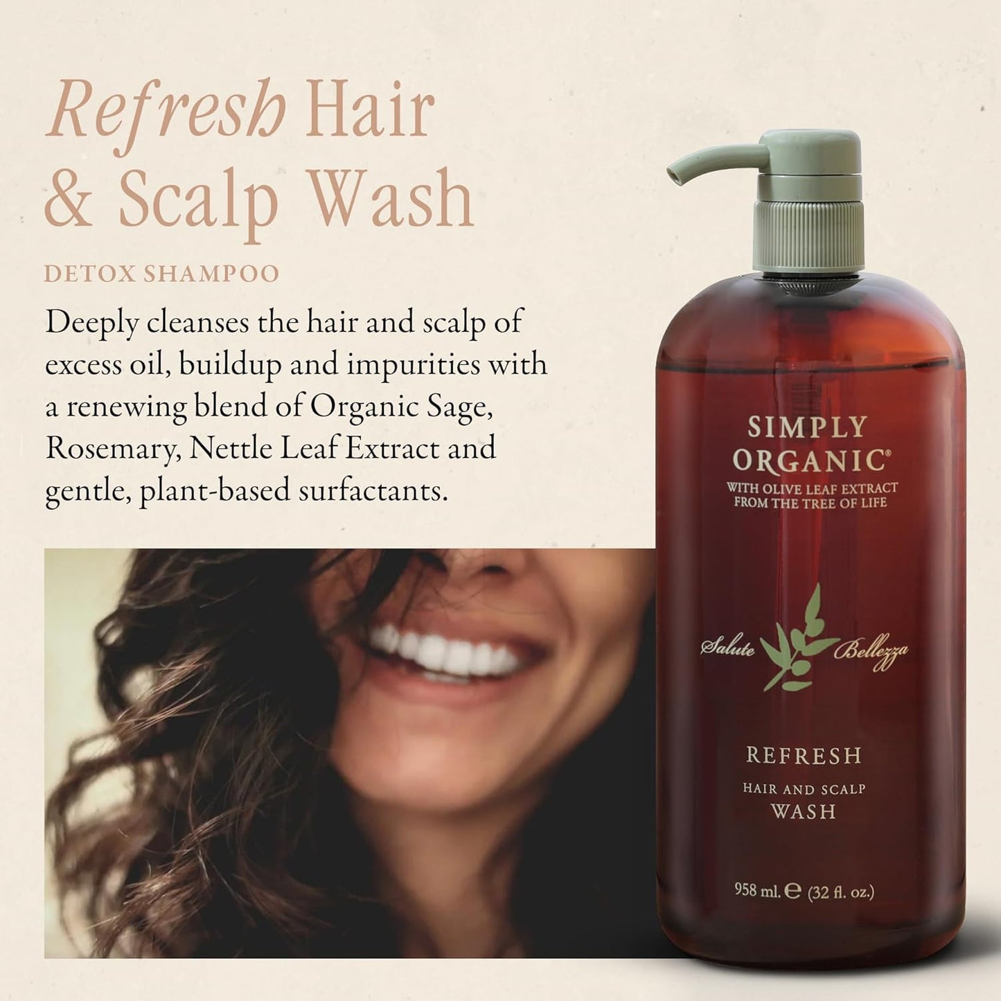 SIMPLY ORGANIC Hair Detox Clarifying Shampoo Scalp Wash, Made in Italy, All Natural Cruelty Free Hair Care for Women & Men with Rosemary, Sage & Olive Leaf Extract, 32 fl oz/958 ml, Refresh