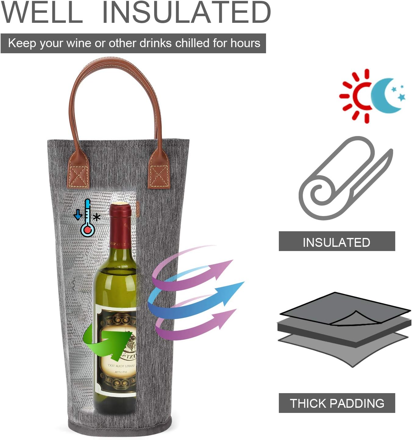 Single Bottle Insulated Wine Tote, 1 Bottle Wine Carrier Bag Padded Wine Cooler Perfect Wine Lover's or Wedding Gift-Grey