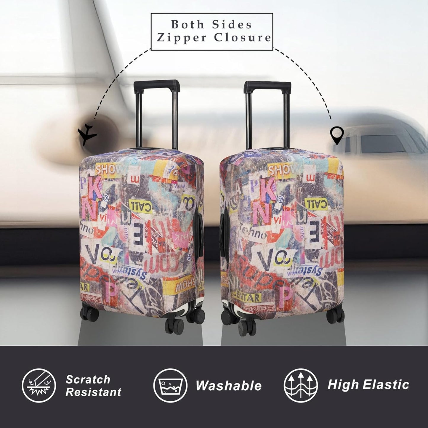 Explore Land Travel Luggage Cover Suitcase Protector Fits 23-26 Inch Case (Retro Pictorial, M)