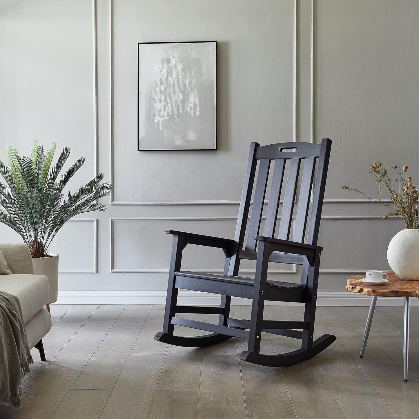 Psilvam Oversized Outdoor Rocking Chair, with 21" Wide Seat and 32" Tall Backrest, Pre-Assembled with Most Components for Effortless Installation (Carbon Black)