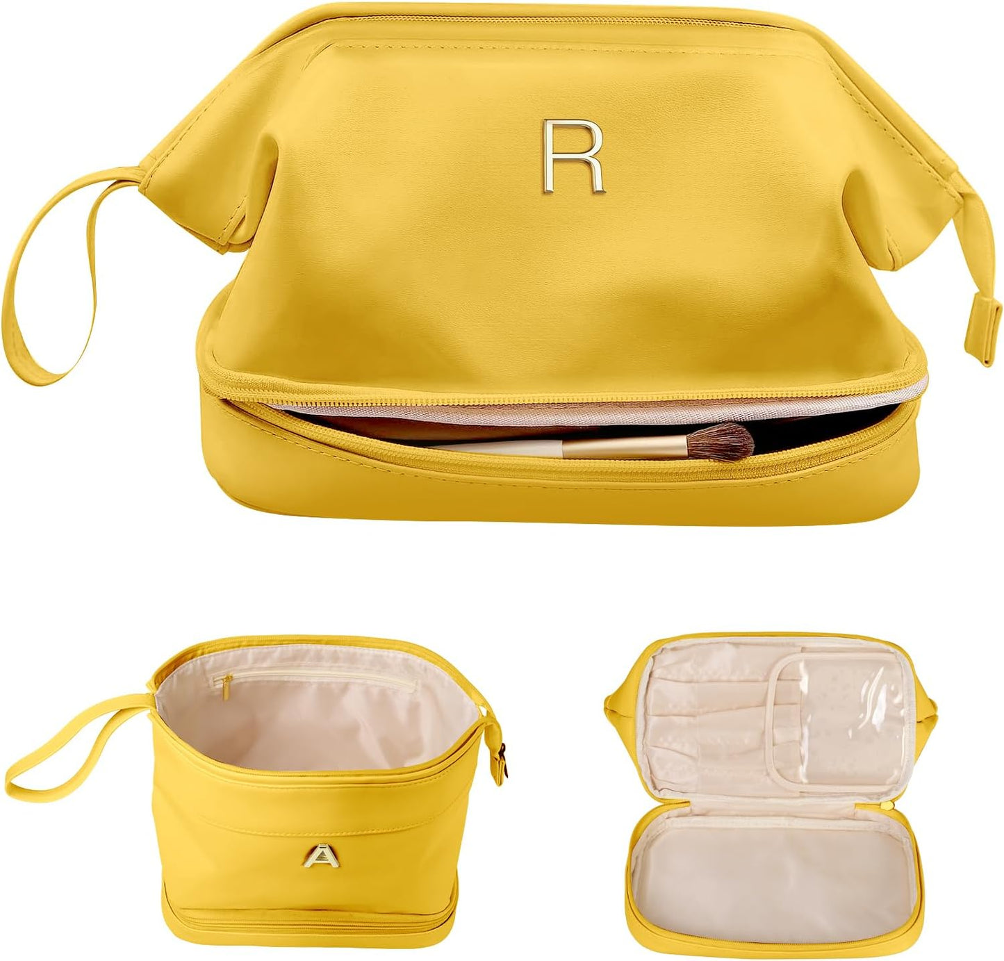 Womens Gift, Initial Makeup Bag, Travel Gifts, Personalized Bags, Waterproof Double Layer Cosmetic Bag, Large Capacity PU Leather Makeup Bags Letter Travel Toiletry Bag, Friend Gifts
