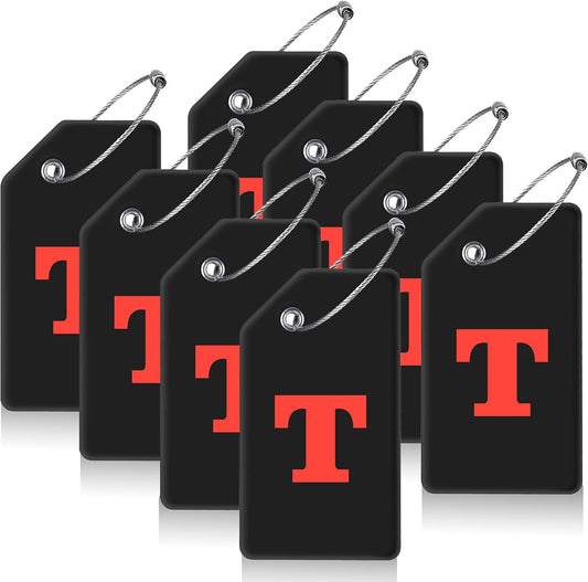 8 Pcs Luggage Tags for Suitcases, 26 Initial Letter Travel Luggage Baggage Identification Labels ID Tags Fully Bendable Tags with Stainless Steel Loop (Letter T, Black)