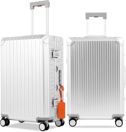 Mvst Luggage Premium All Aluminum Magnesium Carry On 20'' Lightweight Metal,Suitcase with Spinner Wheels Built-in Toiletry Set, Luggage Protector（silvery） (Silver, 24inch)