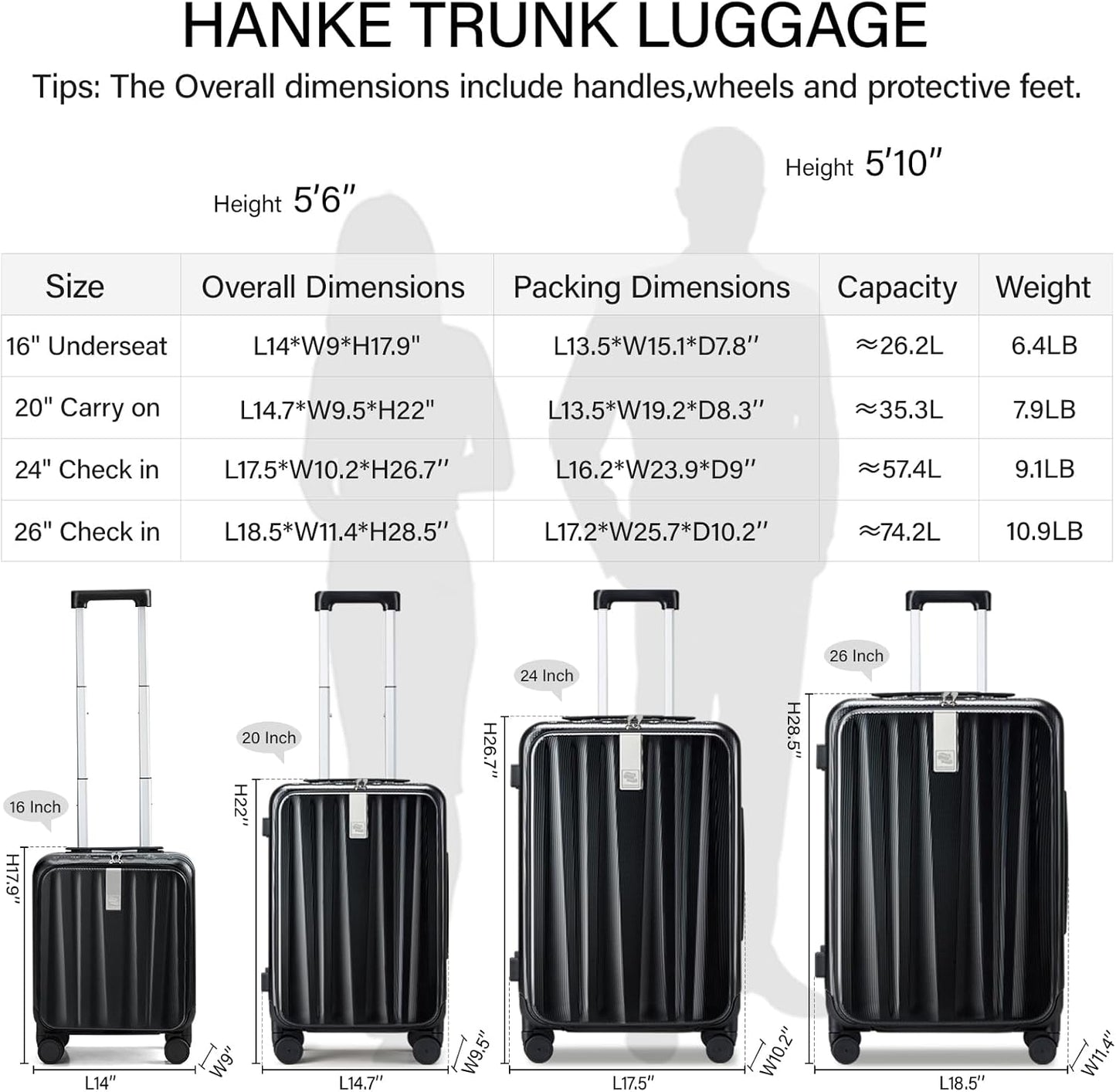 Hanke 16 inch Underseat Carry On Suitcases with Wheels,Lightweight Hard Shell Carry on Luggage with Wheels for Weekender,Top Opening Small Suitcase,Travel Luggage for Womem Men,Jet Black.