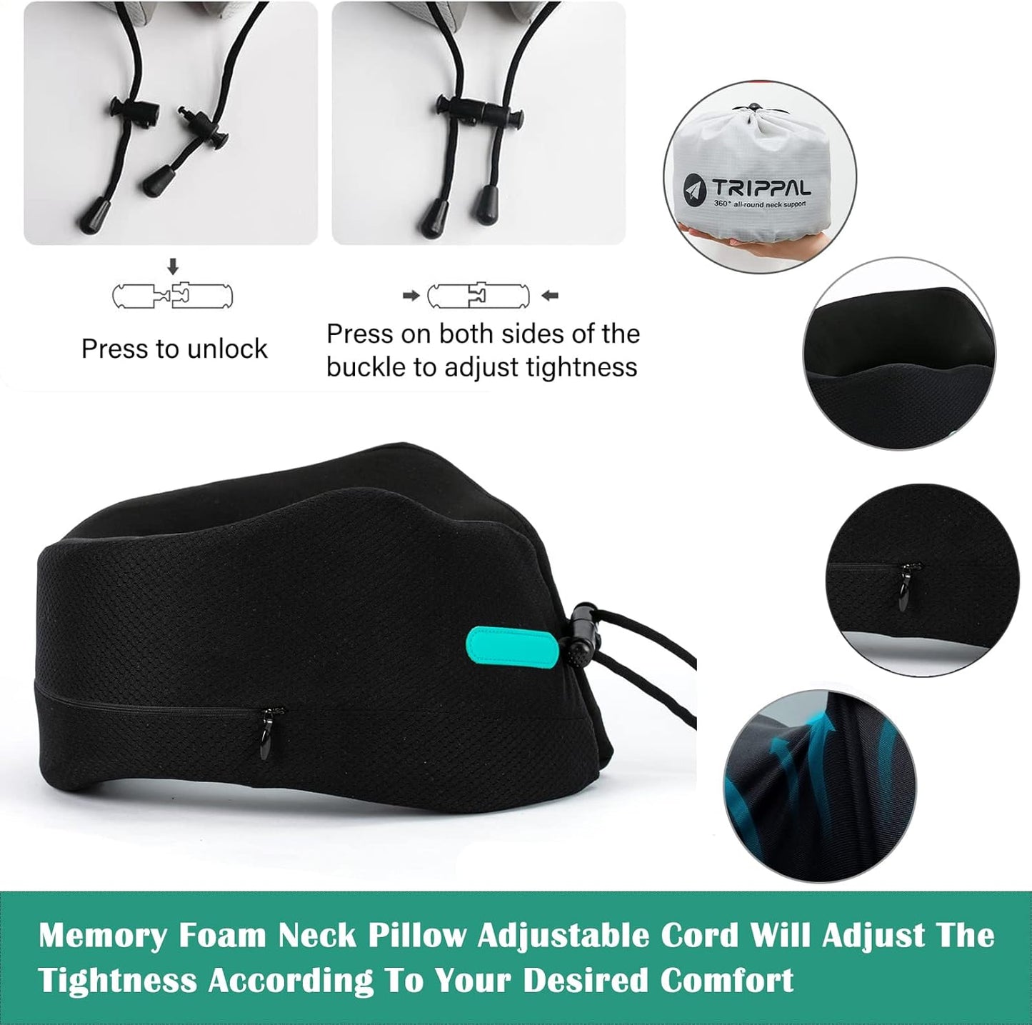 Travel Neck Pillow for Airplane Chin Support Memory Foam Machine Washable for Airplane Sleeping Car Office Black M