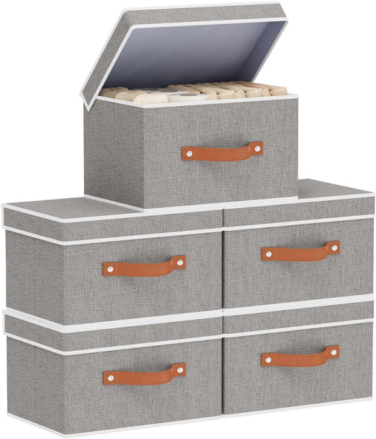 Fabric Storage Bins with Lids, Linen Foldable Clothes Boxes, Closet Organizer Containers with Double Handles, Baskets for Bedroom, Grey, 5 Pack, 13 x 9.1 x 7.9 Inch