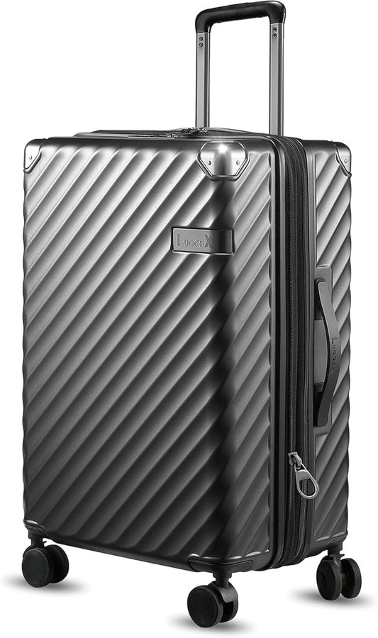 LUGGEX Luggage with Spinner Wheels, Polycarbonate Expandable Hard Shell Suitcase, Checked Medium 24 Inch, Charcoal Metallic