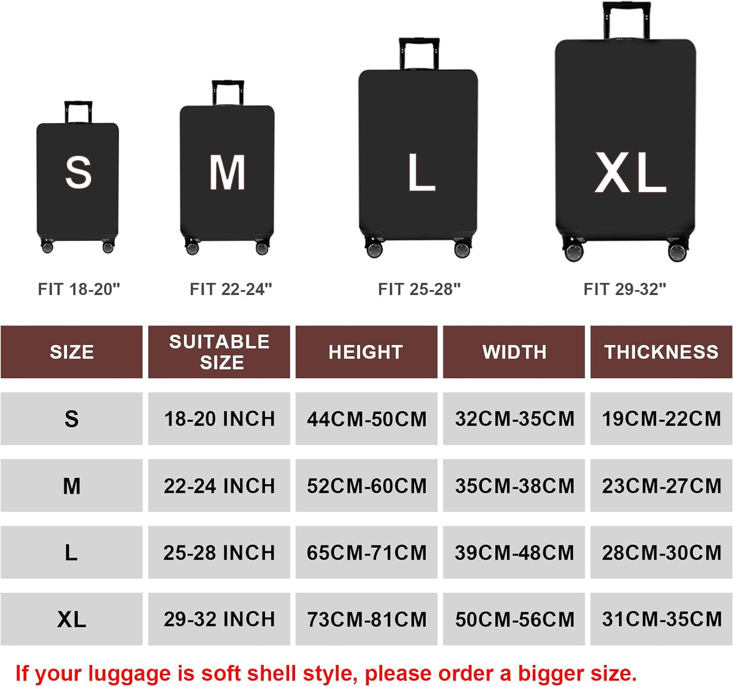 WUJIAONIAO Travel Luggage Cover Baggage Suitcase Cover Protector Skins 18-32 Inch (Pure Black, M (for 22-24 inch luggage))