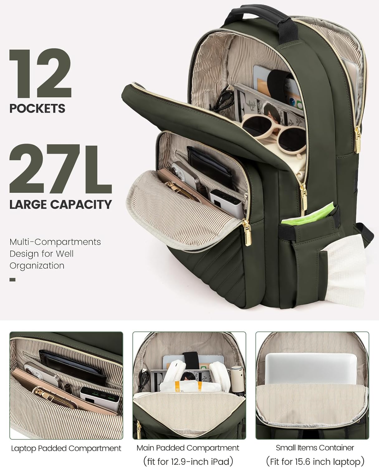 LOVEVOOK Laptop Backpack Purse for Women, Work Business Travel Computer Bags, College Nurse Backpack for Womens, Quilted Casual Daypack with USB Port, Fit 15.6 Inch Laptop, Army Green