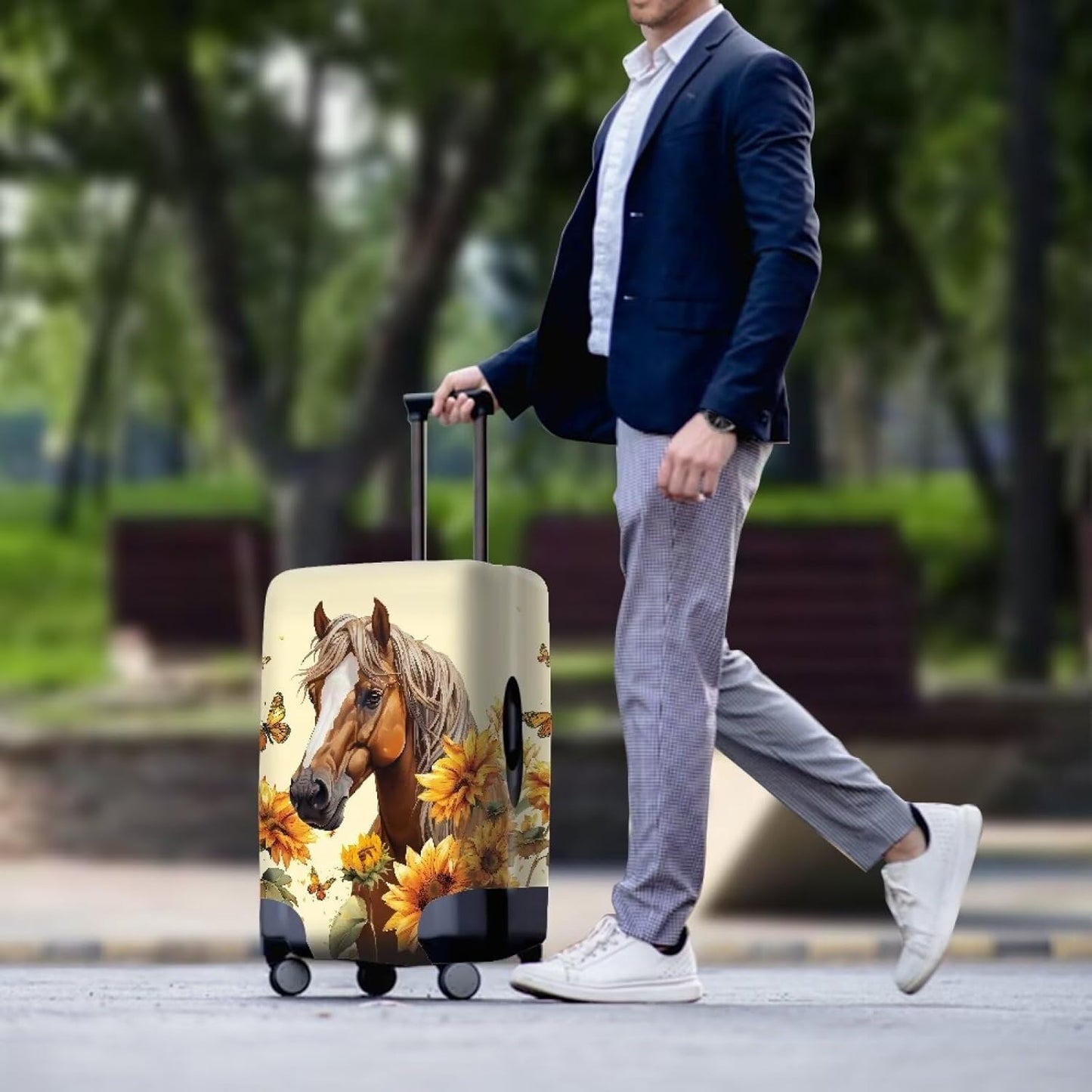 Horse Luggage Cover Universal Zip Suitcase Covers Elastic Spandex Fabric Baggage Cover Protector Butterfly Luggage Covers for Suitcase Non-Slip Baggage Case Covers(Sunflower), 30-32 Inch
