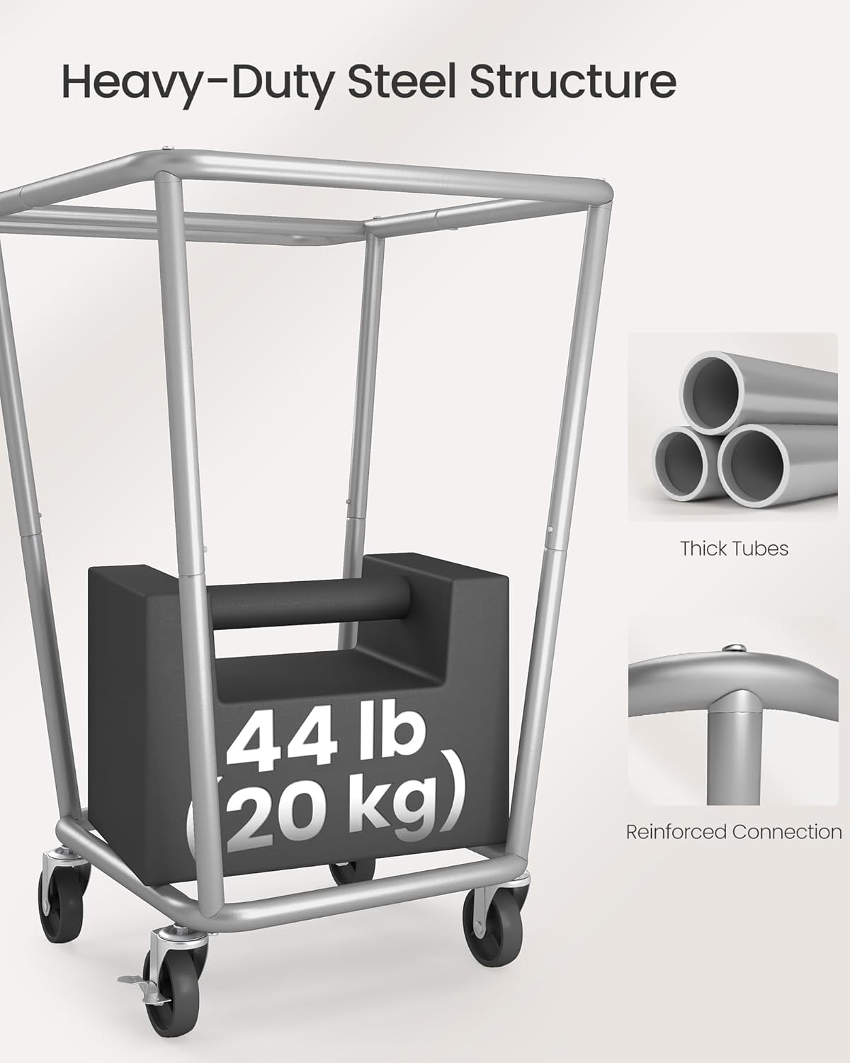 SONGMICS Laundry Basket with Wheels, 34.3 Gallons (130 L) Rolling Laundry Hamper with Removable Bag, Heavy-Duty Steel Frame, Cream White URLS008W01