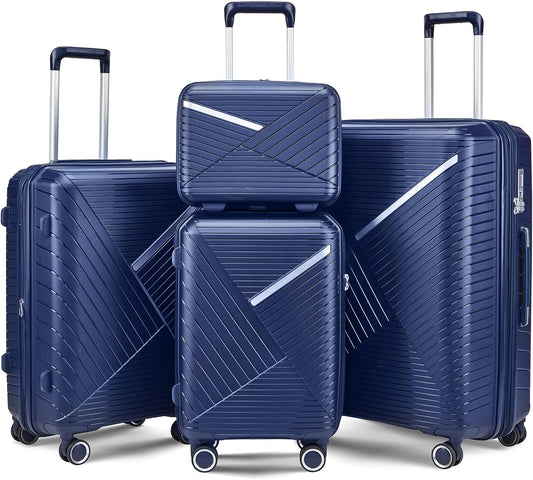 Campfun Luggage 4 Piece Sets, Expandable Carry On Luggage Set Hardshell PP, Suitcase Set with Double Spinner Wheels, Checked Durable Lightweight with TSA Lock, 14in 20in 24in 28in-Blue(B)