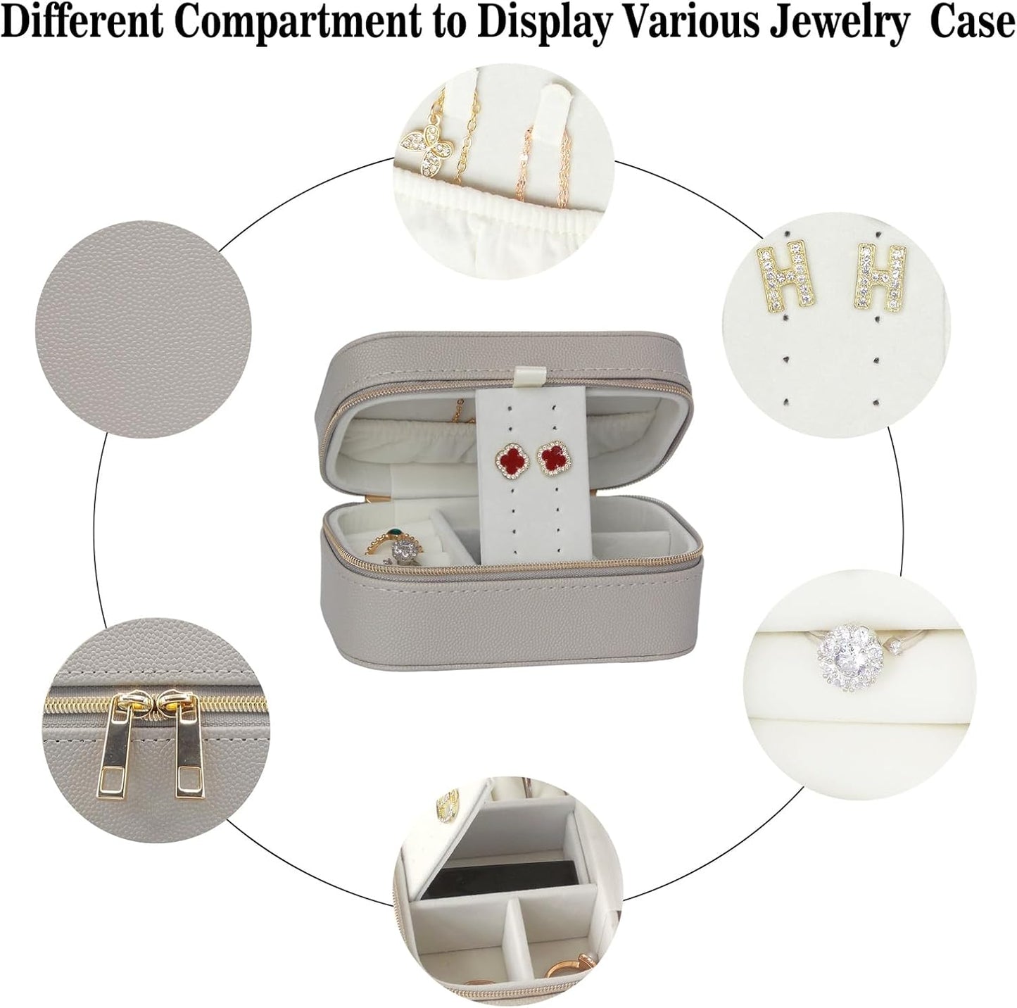 Travel Jewelry Case Small Suitable For Jewelry Organizers and storage In A Carry-on Handbag, PU Leather, Sturdy And Smooth Gold Metal Zipper, Travel Essential Gray Small Jewelry Box