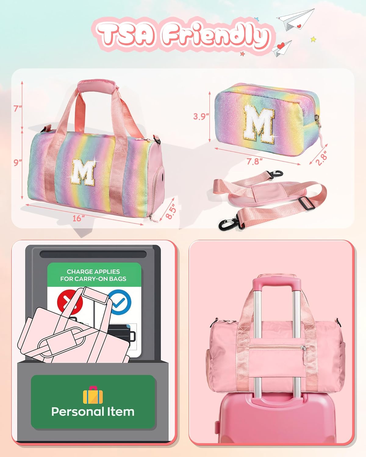 Birthday Gift for Daughter-Girl Gym Bag with Shoe Compartment, Kid Weekender Dance Bags, Initial Travel Tote with Makeup Pouch, Gifts for 5 6 7 8 9 10 11 12 Year Old Girls (Letter A)