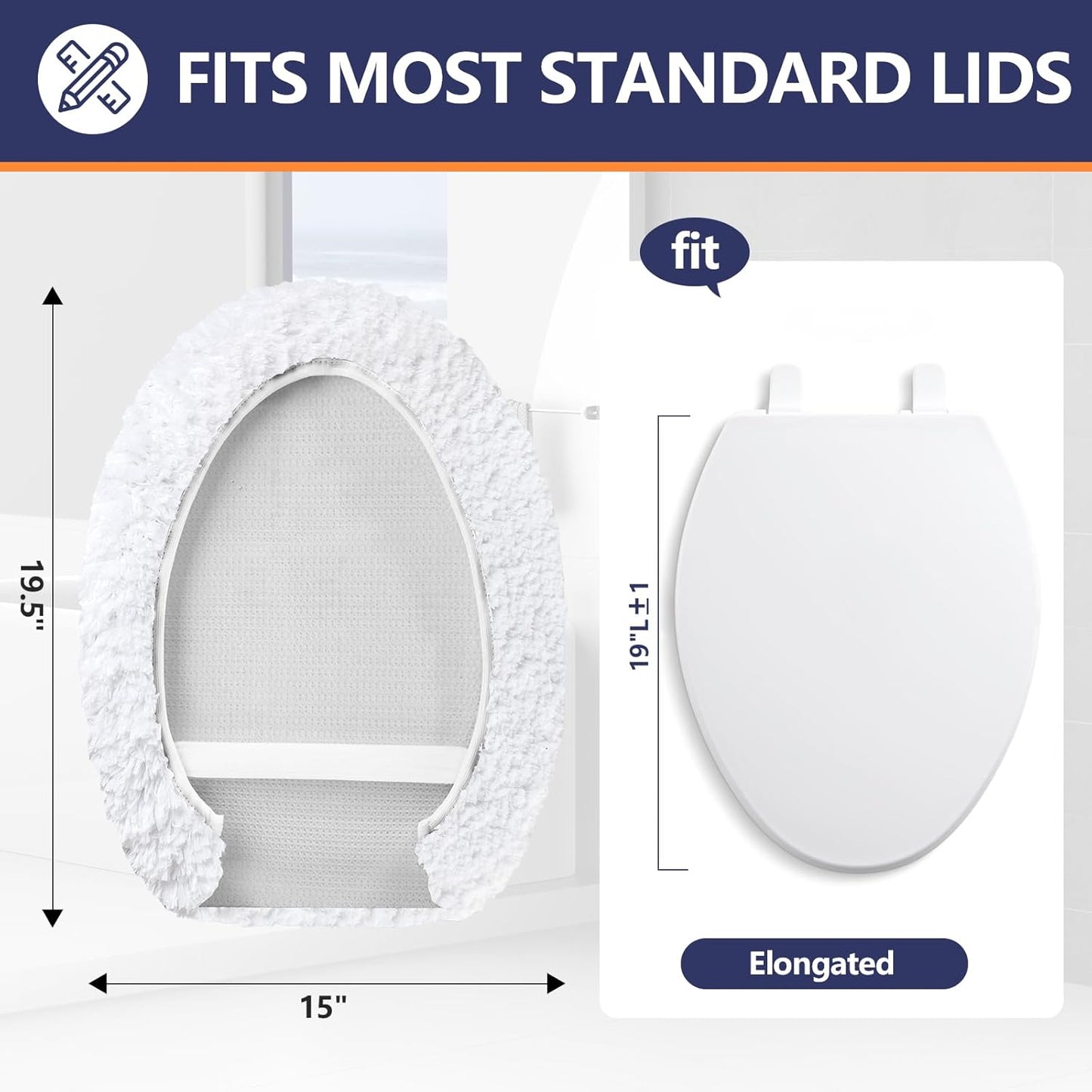 Microfiber Elongated Toilet Seat Cover 19.5"x 15" Machine Washable Solid Toilet Lid Cover Adjustable Rubber Backing Fits Most 18-19.5" L x 14-16" W Elongated Toilet Seat
