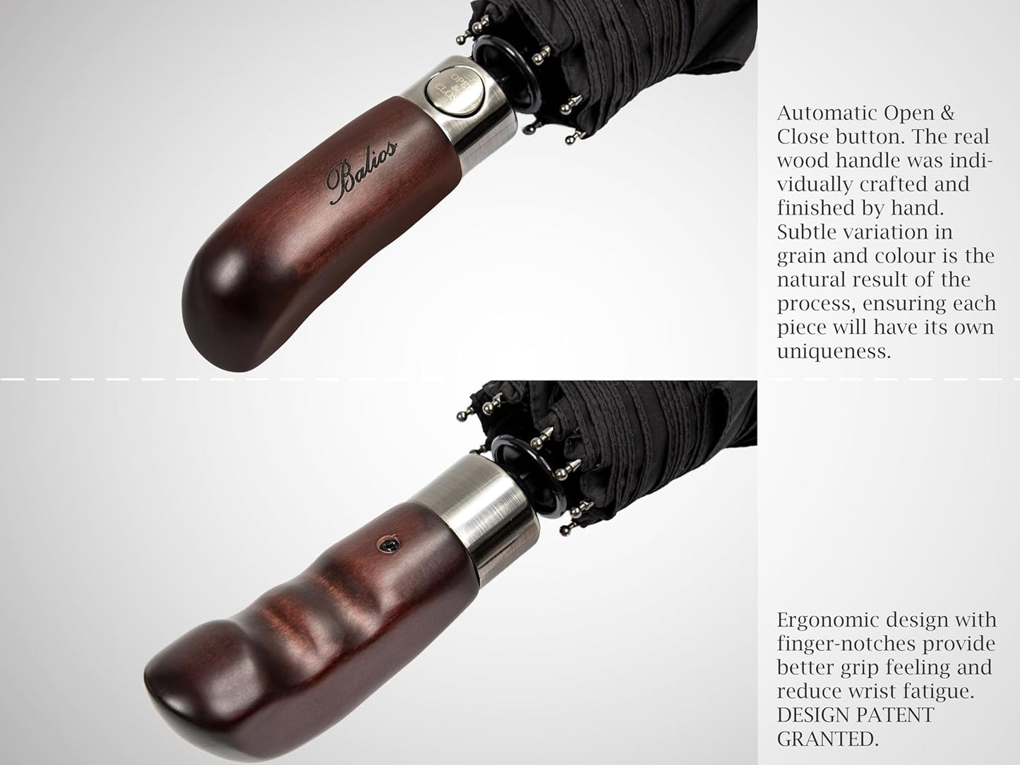 Balios Travel Folding Umbrella with Real Wood Handle Auto Open Close Vented Windproof Canopy - Designed in UK