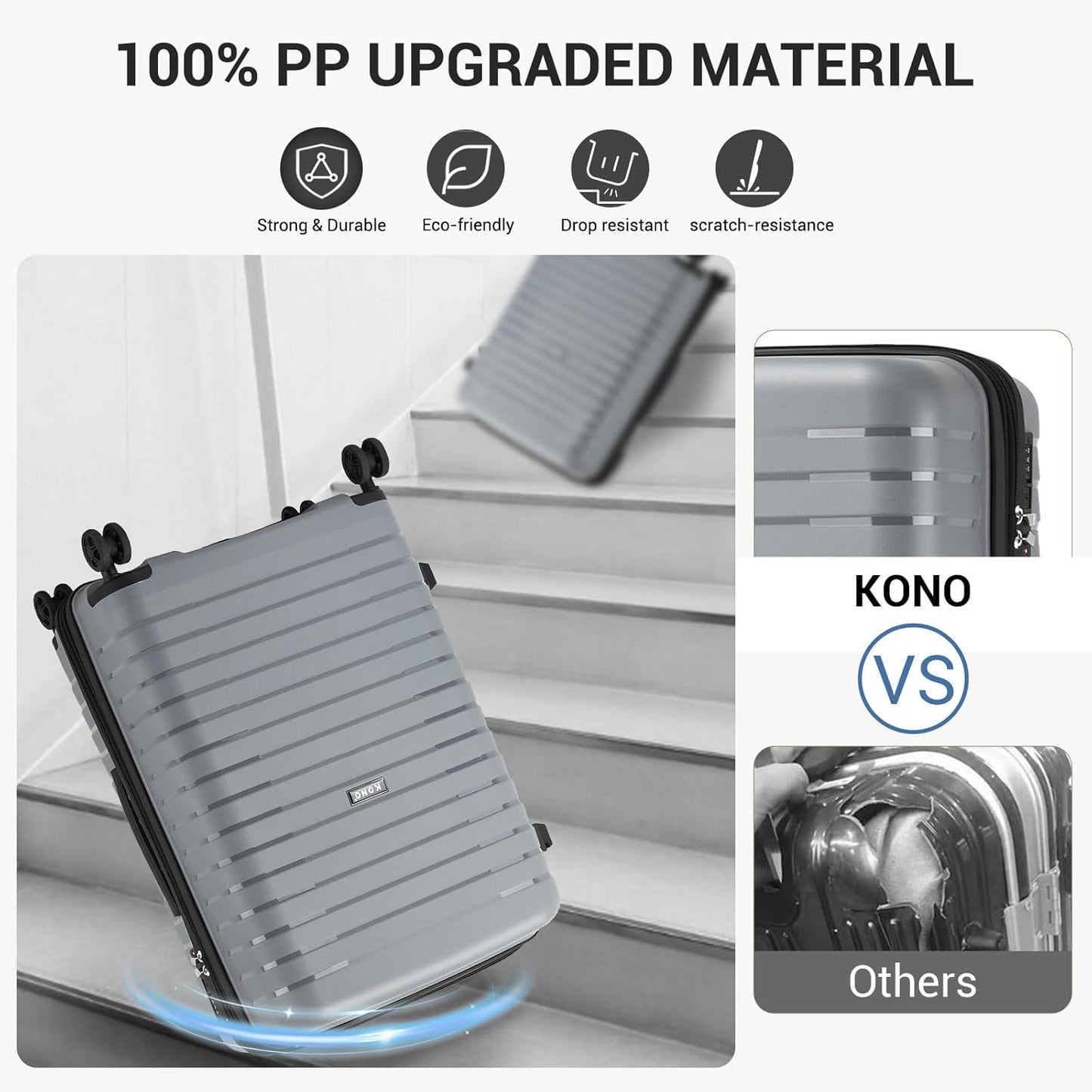 Kono 24 Inch Expandable Luggage Suitcase with Spinner Wheels, Durable Hardside Checked Luggage with Hidden Cup Holder, Lightweight Hard Shell Medium Suitcase with TSA Lock(Light Grey)