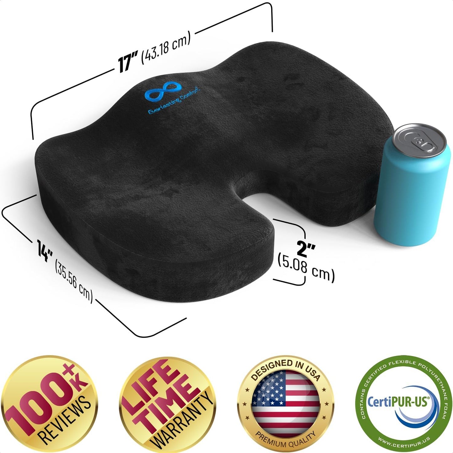 Everlasting Comfort Doctor Recommended Memory Foam Seat Cushion for Office Chairs & Car Seat - Ergonomic Office Desk Accessories for Tailbone Pain Relief, Sciatica & Back Support