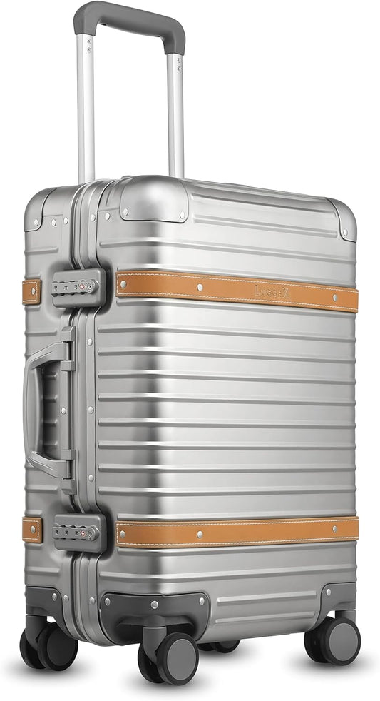 LUGGEX All Aluminum Carry On Luggage with Wheels - Zipperless Hardshell Suitcase with TSA Lock (Matte Silver, 20 Inch)