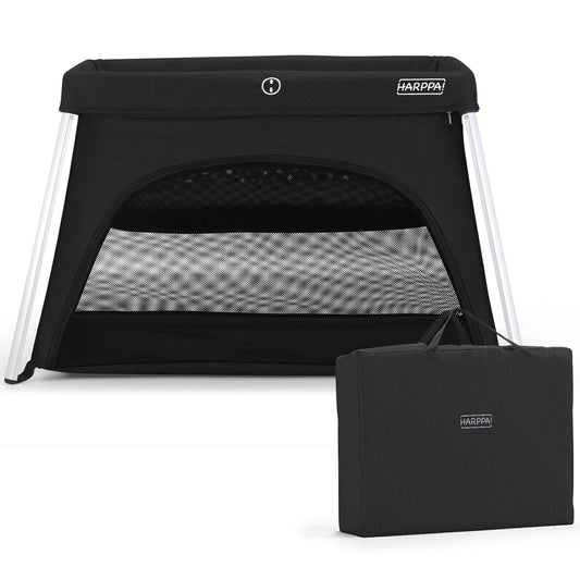 HARPPA Travel Crib with Comfy Mattress, Lightweight Portable Crib Requires No Assembly, Foldable Pack and Play for Baby and Toddlers, Compact Play Yard with Bed,Black