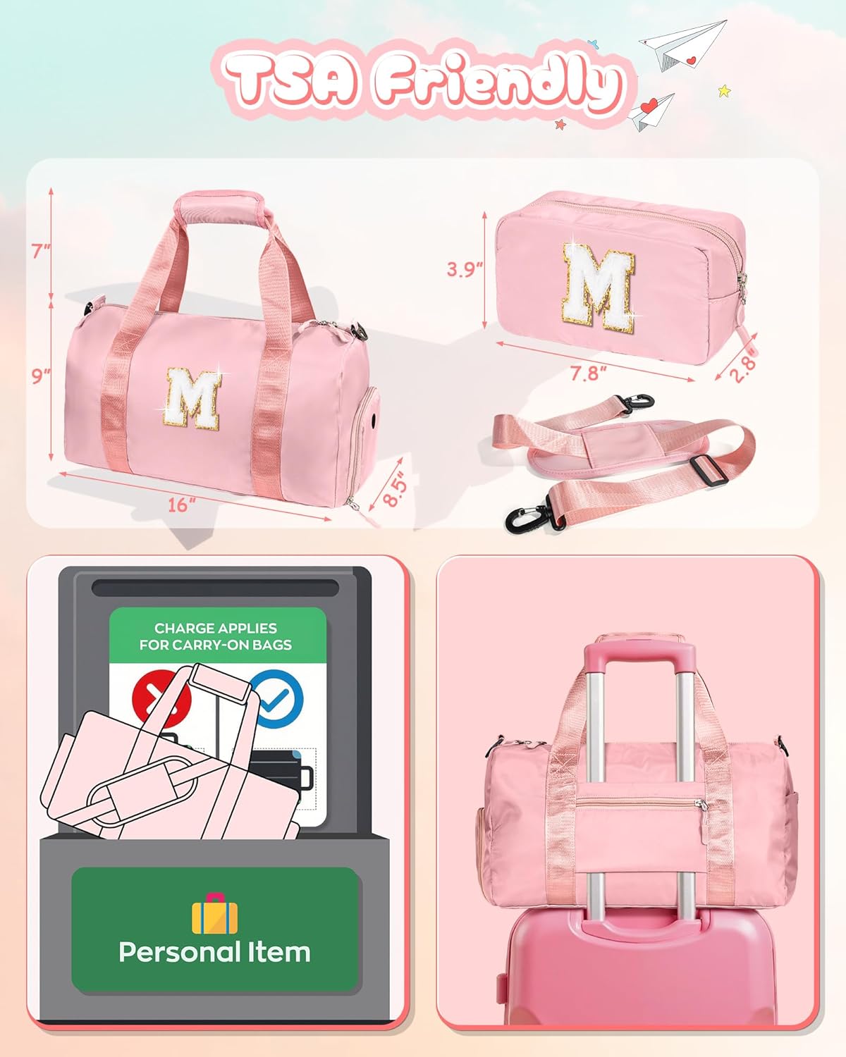 Dorm Room Essentials for Girls-Girl Gym Bag with Shoe Compartment, Kid Personalized Weekender Overnight Bags, Initial Travel Tote with Makeup Pouch, Preppy Stuff Gifts for Kids (Letter F)