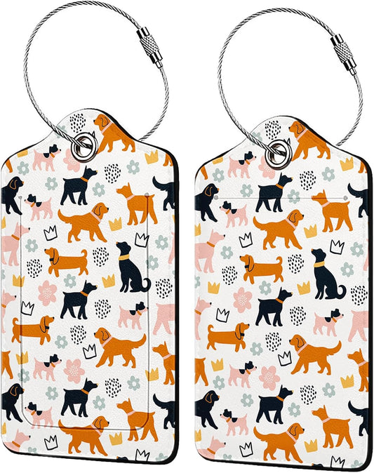 Cartoon Dogs Luggage Tags for Suitcases,2 Pack Luggage Tag, Leather Stainless Steel Loop Label Tag for Women Girl Travel Bag Suitcase